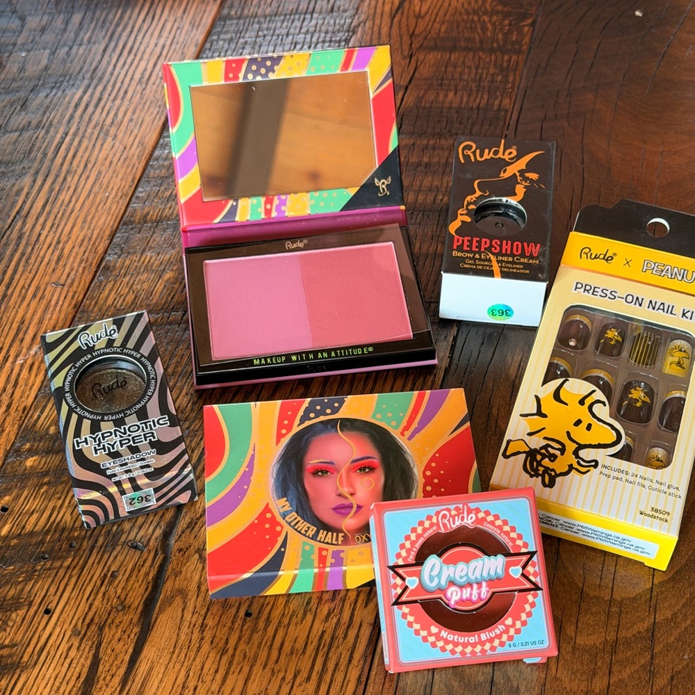 Rude Cosmetics Bundle Of 5 Blush Brow Eyeliner Eyeshadow Peanuts Press-on Nails